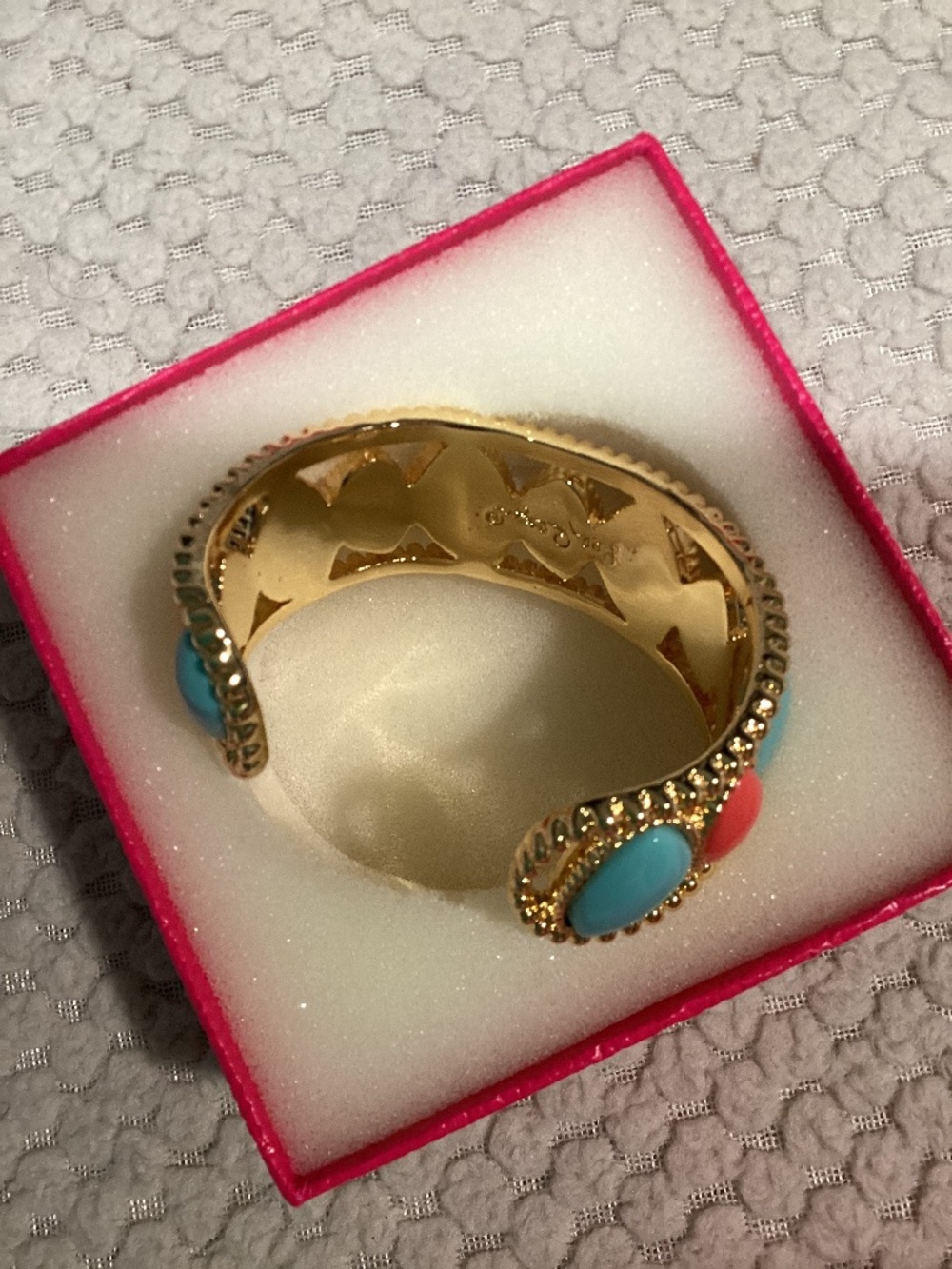 Lilly Pulitzer gold tone signed cuff bracelet with colorful gemstones, turquoise